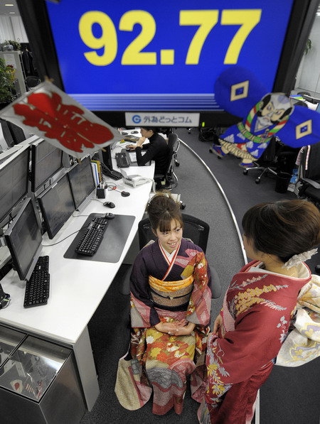 Tokyo, JAPAN : Currency traders dressed in kimonos start the first business of 2010 following the New Years holiday break, at a foreign currency market in Tokyo on January 4, 2010. Tokyo stocks and currency trading began on January 4, with the currency market trading around 92.78-92.80 yen per US dollar shortly after the open. AFP PHOTO / TOSHIFUMI KITAMURA