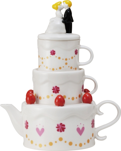 กาน้ำชาเซรามิคทรงเค้กแต่งงานหลายชั้นพร้อมลูกเล่นที่สามารถแยกออกมาเป็นแก้วได้อีก 2 ใบ รุ่น TEA FOR TWO WEDDING ราคา 1,800 บาท