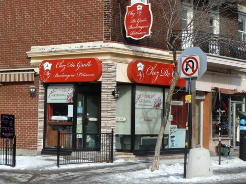 Montreal, Quebec, CANADA: The pastrry shop Chez De Gaulle is pictured on January 26, 2013 in Montreal, Canada. Run by French-Lebanese pastry chef De Gaulle Helou, originally from Lebanon and named after French General Charles De Gaulle whom his father admired, resisted numerous problems with the local mafia, but has finally decided to return to France, finding the Quebec system too tolerant with crooks. As soon as a buyer is found, the name Chez De Gaulle will disappear from this street in Montreal street. AFP PHOTO/Michel Viatteau