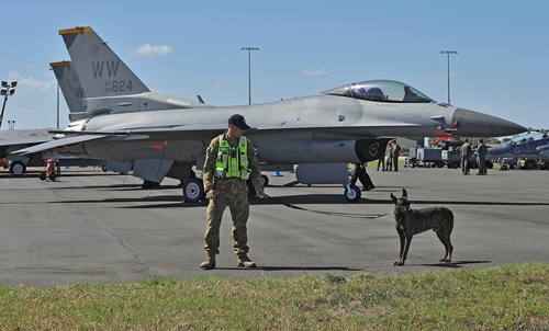 Melbourne, Victoria, AUSTRALIA: A Royal Australian Air Force security guard walks in front of an F-16 Fighting Falcon in the US Fighter compound during the Australian International Airshow in Melbourne on March 1, 2013. 180,000 patrons are expected through the gates over the duration of the event staged at the Avalon Airfield some 80kms south-west of Melbourne. AFP PHOTO/Paul Crock
