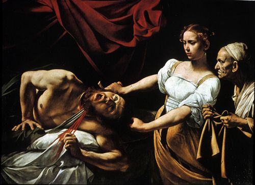 4.Michaelangelo da Caravaggio: การตัดศีรษะโฮโลเฟอร์เนส (The Beheading of Holofernes), ค.ศ. 1595/96, สีน้ำมันบนผ้าใบ, 144x195 ซม. Galleria Nazionale di Arte Antica. Rome
