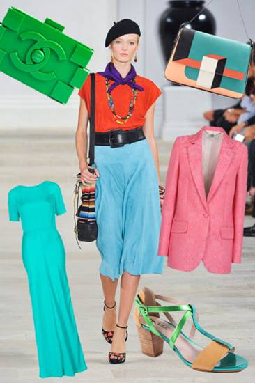 1รองเท้าสีสดใสจาก DKNY 2.กระเป๋าเลโก้แบคสีเขียวจี๊ด Chanel 3.แมกซี่เดรสสีฟ้าเทอควอยซ์จาก Topshop 4.Stella McCartney กับเดรสสีชมพูหวาน  5. กระเป๋าคัลเลอร์บล็อก Fendi 