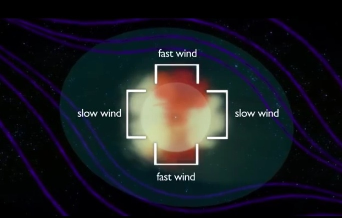 ลักษณะของหางเป็นแฉก โดยอนุภาคเคลื่อนตัวชาจะแยกตัวอยู่ด้านข้าง ส่วนอนุภาคที่เคลื่อนตัวเร็วจะแยกเป็นแฉกอยู่ด้านบนและด้านล่าง (นาซา)