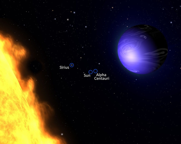 ดาวเคราะห์ เอชดี 189733บี ในระยะใกล้ ซึ่งหากมองในระยะนี้เราจะเห็นดวงอาทิตย์เป็นดาวฤกษ์แสนริบหรี่อยู่ไกลๆ  (สเปซด็อทคอม/นาซา/อีซา)  