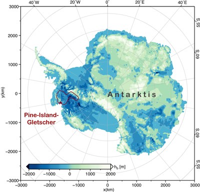 แผนที่ทวีปแอนตาร์กติกา ซึ่งธารน้ำแข็งไพน์ไอส์แลนด์อยู่ในวงเส้นสีแดง 