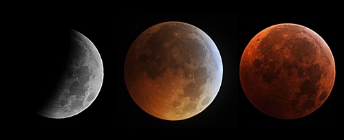 Manassas, Virginia, UNITED STATES: (FILES)This combination of file images taken in Manassas, Virginia shows the moon in different stages of a total lunar eclipse on December, 21, 2010. On April 15, 2014, a rare lunar eclipse is set to take place around 2a.m. EST. When the Earth blocks it from the sun, the moon will take on a dramatically colorful appearance, ranging from bright orange to blood red. AFP PHOTO/Files/Karen Bleier
