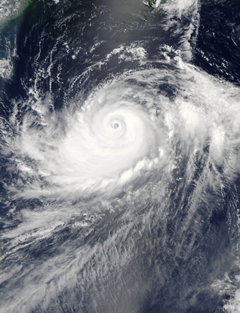 This August 6, 2014 NASA satellite photo shows Typhoon Halong in the Western Pacific Ocean. Typhoon Halong caused widespread floods in Bataan, Zambales and Pangasinan provinces leaving roads impassible, a National Disaster Risk Reduction and Management Council (NDRRMC) official said. The typhoon is said to be moving toward the direction of southern Japan and is expected to hit August 7. AFP PHOTO/Handout/NASA 