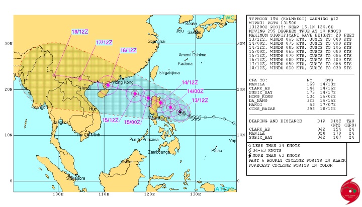 <bR><FONT color=#000033>แผนภูมิพยากรณ์อากาศของ JTWC หน่วยงานของกองทัพเรือสหรัฐในนครโฮโนลูลู ที่ออกเมื่อเวลา 1 น.เศษวันอาทิตย์ 14 ก.ย.นี้ แสดงให้เห็นไต้ฝุ่นคาลแมกี (Kalmaegi) ลูกมหึมา เดินทางไกลจากทะเลแปซิฟิกตะวันตก กระทั่งไปหมดแรงลง ทางตอนเหนือของพม่าปลายสัปดาห์หน้า พัดผ่านเวียดนาม ภาคกลาง-ภาคเหนือลาว ภาคตะวันออกเฉียงเหนือ-ภาคเหนือของไทย กินบริเวณกว้างครอบคลุมพื้นที่เกือบครึ่งหนึ่งของอนุภูมิภาคแม่น้ำโขง ถ้าหากทุกอย่างเป็นตามพยากรณ์ในสุดสัปดาห์นี้ นกนางนวล เกาหลีเหนือ กำลังจะสร้างแรงกดดันมหาศาล ให้พื้นที่ต่างๆ ที่ประสบอุทกภัยอยู่ในขณะนี้.  </b>  