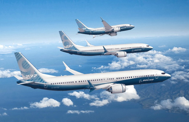 ภาพกราฟฟิกแสดงลักษณะภายนอกของเครื่องบินโบอิ้ง 737 MAX 7, MAX 8 และ MAX 9