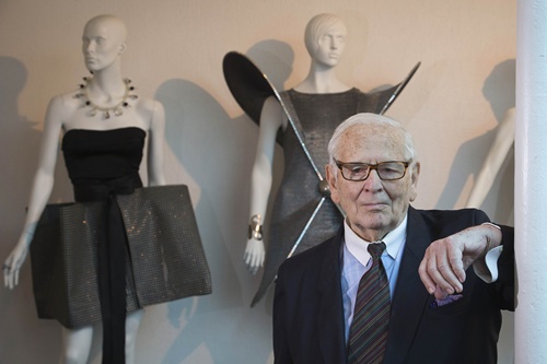 Paris, Paris, FRANCE: French designer Pierre Cardin poses on November 4, 2014 in his new musem, called Passe-Present-Futur (Past-Present-Future), which presents 200 Haute Couture outfits in Paris. Cardin, 92, will inaugurate the new museum on November 13. AFP PHOTO/Joel Saget
