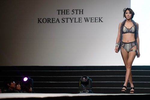 SEOUL, REPUBLIC OF KOREA: A model presents a creation by designer Han Seoun-Mi of South Korea during a lingerie show as part of Korea Style Week, in Seoul on January 22, 2015. Korea Style Week runs until January 25. AFP PHOTO/Ed Jones