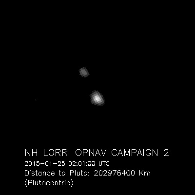 ภาพพลูโต (ล่าง) และดวงจันทร์ชารอน (บน) เมื่อวันที่ 25 ม.ค. ซึ่งยานนิวฮอไรซอนส์บันทึกขณะอยู่ห่างกว่า 202 ล้านกิโลเมตร (NASA/JHU APL/SwRI)