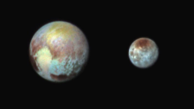 ภาพสีของ “พลูโต” (ซ้าย) และ “ชารอน” (ขวา) บันทึกผ่านฟิลเตอร์สีของกล้องราฟบนยานนิวฮอไรซอนส์เมื่อวันที่ 13 ก.ค.2015 (NASA/APL/SwRI via AP)