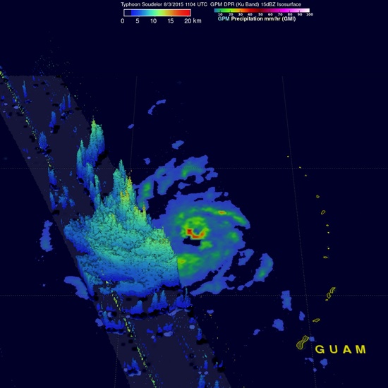 AT SEA: This image obtained courtesy of NASA on August 4, 2015 from the Global Precipitation Measurement (GPM) Core Observatory shows Typhoon Soudelor on August 3, 2015 over the Western Pacific Ocean when rain was falling at a rate of over 58 mm (2.3 inches) per hour in the southern side of the well-defined eye. Super Typhoon Soudelor developed into the worlds most powerful storm of the year on August 4, 2015 as it took aim at Japan, Taiwan and China after trashing the Northern Marianas. The storm was roaring across the western Pacific Ocean packing wind gusts up to 220 miles per hour (354 kph) according to the Joint Typhoon Warning Center which rated it a maximum category five. AFP PHOTO/NASA/Hal Pierce/JAXA 