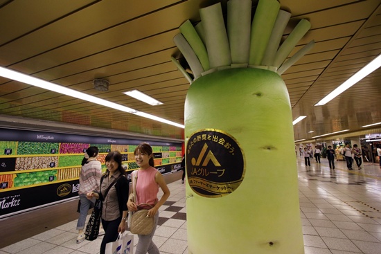 Tokyo, Tokyo, JAPAN: Pedestrians look at a large green neck radish decoration cover at a underground passage of a subway station in Tokyo on September 2, 2015. Japan Agriculture Cooperative decorated the pillars of the underground passage with vegetable shaped covers such as radish, carrot, corn, cucumber, eggplant and sweet potato for the promotion of the domestically produced vegetables. AFP PHOTO/Yoshikazu Tsuno