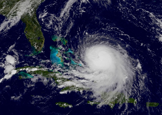 This September 30, 2015 NASA GOES 1837 UTC satellite photo shows Hurricane Joaquin off the Bahamas. Hurricane Joaquin gained strength Wednesday as it headed toward the Bahamas with powerful winds and torrential rain, the US National Hurricane Center said. It was packing maximum sustained winds of 80 miles (130 kilometers) per hour, located about 215 miles east-northeast of the island chain.  AFP PHOTO/NASA