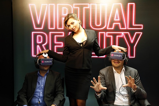 Cannes, Alpes-Maritimes, FRANCE: French porn actress Anna Polina poses during a presentation of a short erotic film in virtual reality during the MIPCOM audiovisual trade fair in Cannes, southeastern France, on October 5, 2015. AFP PHOTO/Valery Hache