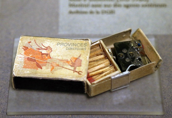 Paris, Paris, FRANCE: A picture taken on November 3, 2015 shows a micro transmitter with integrated circuits in a match box, displayed during the exhibition Le secret de lEtat. Surveiller, proteger, informer. XVIIe-XXe siecle (The State secret. Watch, protect, inform. XVIIe-XXe century) at the Archives Nationales (National Archives) in Paris. AFP PHOTO/Francois Guillot