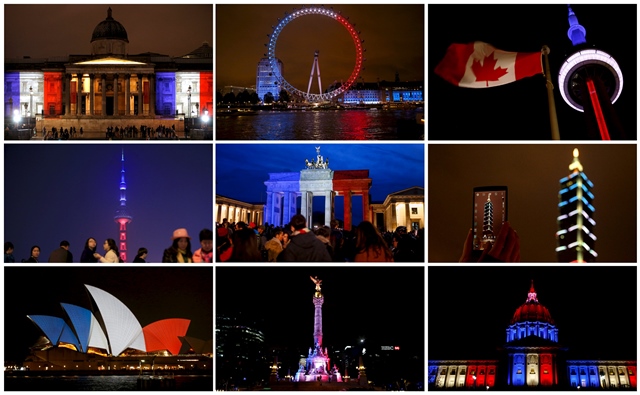 <i>รวมภาพการประดับไฟด้วยสีแดง, ขาว, น้ำเงิน ตามสีธงชาติของฝรั่งเศส ในอาคารสถานที่สำคัญต่างๆ ทั่วโลก เพื่อแสดงการไว้อาลัยแด่เหยื่อของเหตุการณ์โจมตีกรุงปารีสเมื่อวันศุกร์ที่ 13 พ.ย. (จากแถวบนลงแถวล่าง และจากภาพซ้ายไปภาพขวา): เนชั่นแนล แกลเลอรี ในลอนดอน, ชิงช้าสวรรค์ “ลอนดอน อาย”, ซีเอ็น ทาวเวอร์ ในโทรอนโต, โอเรียนทอล เพิร์ล ทีวี ทาวเวอร์ ในเซี่ยงไฮ้, ประตูแบรนเดนเบิร์ก ในเบอร์ลิน, อาคาร ไทเป 101 ในไต้หวัน, โอเปร่า เฮาส์ ที่ซิดนีย์, อนุสาวรีย์ อังเคล เด ลา อินดีเปนเดนเซีย ของเม็กซิโก, ศาลาว่าการนครซานฟรานซิสโก </i>