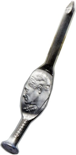 This photo provided by Heritage Auctions shows a Roosevelt Dime that was minted onto a nail. (Heritage Auctions via AP)