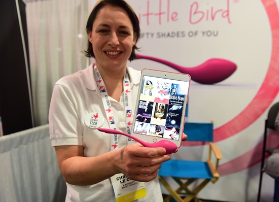 Las Vegas, Nevada, UNITED STATES: E. Sensory founder Christel Le Coq (R) displays The Little Bird, a smart vibrator which activates as the user reads erotic stories, at the CES 2016 consumer electronics show in Las Vegas, Nevada, January 7, 2016.  AFP PHOTO/Robyn Beck