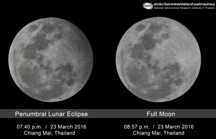ภาพดวงจันทร์ขณะเกิดจันทรุปราคาเงามัว (ซ้าย) บริเวณด้านบนขวามืดลงเพียงเล็กน้อย เมื่อเทียบกับดวงจันทร์เต็มดวงในช่วงเวลาปกติ (ขวา)