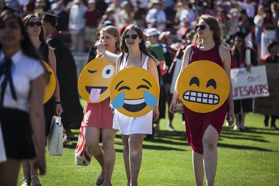 Stanford, California, UNITED STATES: Graduating Stanford University students participate in the Wacky Walk before the 125th Stanford University commencement ceremony on June 12, 2016 in Stanford, California. The university holds its commencement ceremony amid an on-campus rape case and its controversial sentencing. Ramin Talaie/Getty Images/AFP