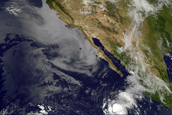 At sea: This NASA-NOAA GOES West satellite image shows Tropical Storm Lester in the Pacific Ocean off of Mexico on August 25, 2016 at 1445 UTC. Tropical Storm Lester is strengthening in the Pacific Ocean well off the coast of Mexico, US meterologists said August 25, 2016. Lester, the 12th named tropical storm in the eastern northern Pacific this year, is about 465 miles (765 kilometers) southwest of the Mexican state of Baja California, the US-based National Hurricane Center said.The storm is heading in a northwesterly direction at 12 miles per hour, packing sustained winds of up to 50 miles per hour. It is expected to continue strengthening and become a hurricane Friday, the NHC said. AFP/NOAA-NASA GOES Project/Ho