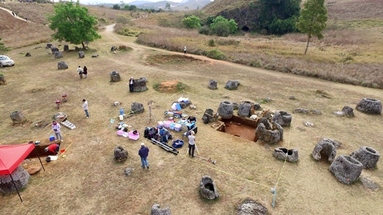 undisclosed, Laos: This undated photo released by the Australia National University on October 19, 2016 shows an aerial view of Laos mysterious Plain of Jars. Laos mysterious Plain of Jars is set to be recreated in a three-dimensional virtual reality experience, Australian archaeologists said on October 19, 2016, in a development that could one day see museum visitors walk through remote dig sites. AFP/The Australian National University/STR 