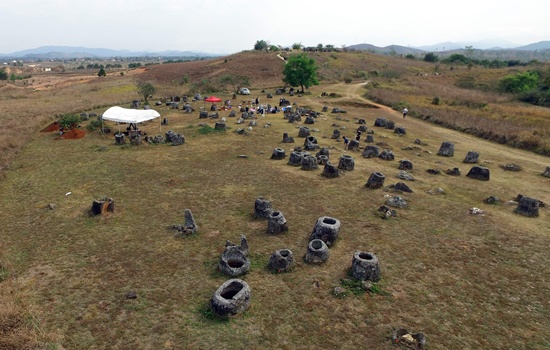 undisclosed, Laos  This undated photo released by the Australia National University on October 19, 2016 shows an aerial view of Laos mysterious Plain of Jars. Laos mysterious Plain of Jars is set to be recreated in a three-dimensional virtual reality experience, Australian archaeologists said on October 19, 2016, in a development that could one day see museum visitors walk through remote dig sites. AFP/The Australian National University/STR 