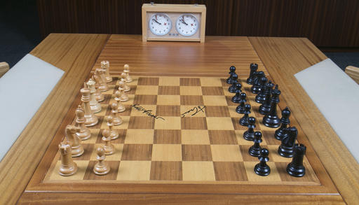 This undated photo provided by Heritage Auctions shows the chess board used by American Bobby Fischer and Soviet champ Boris Spassky during their historic 1972 Match of the Century, a tournament that sealed Fischers fate as the world chess champion. (Heritage Auctions via AP)