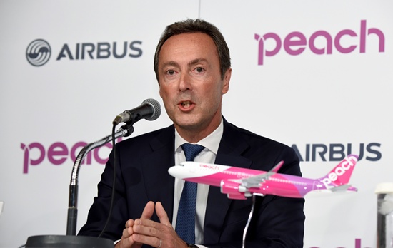 Tokyo, Tokyo: Airbus ECO Fabrice Bregier speaks during a joint press conference with Japans low cost carrier Peach Aviation in Tokyo on November 18, 2016. Japanese low-cost carrier Peach Aviation said on November 18 it would buy 13 Airbus aircraft valued at almost $1.4 billion as part of its expansion plans to cash in on a pick-up in demand for air travel in the country. AFP/Toru Yamanaka