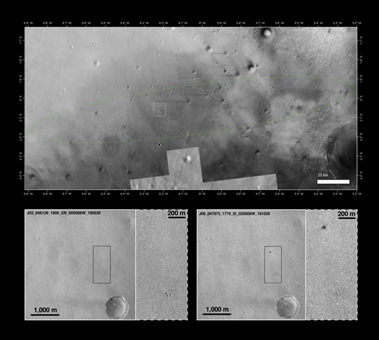 In space: (FILES) This file handout picture released on October 21, 2016, by the European Space Agency shows the landing site of the Schiaparelli module within the predicted landing ellipse in a mosaic of images (up) and a pair of before-and-after images (down) from the Context Camera (CTX) on NASAs Mars Reconnaissance Orbiter and the Thermal Emission Imaging System (THEMIS) on NASAs 2001 Mars Odyssey orbiter. AFP / European Space Agency/Ho