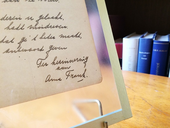 Haarlem, North Holland, Netherlands: This photo taken on November 21, 2016 at the Bubb Kuyper auction house in Haarlem shows a rare handwritten poem by Anne Frank, penned shortly before she went into hiding from the Nazis, addressed to Cri-Cri or Christiane van Maarsen, signed by the Jewish teenager and dated March 28, 1942. AFP/Maude Brulard