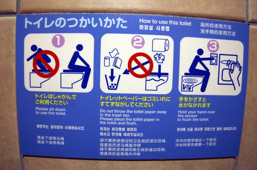 In this photo taken Jan 14, 2017, special instructions on how to operate the toilet are shown on the wall at a public toilet in Tokyo Station in Tokyo. (AP Photo/Koji Sasahara)