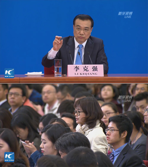 (บน) นายหลี่ เค่อเฉียง ผู้นำจีนตอบคำถามผู้สือข่าวต่างชาติ (ล่าง) น.ส.สุรัติ ปรีชาธรรม บรรณาธิการข่าวจีนของเครือผู้จัดการ-NEWS1 ประจำกรุงปักกิ่ง