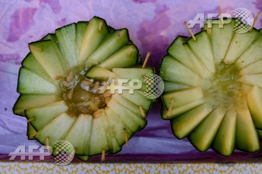 In this photo taken on March 13, 2017, a premium Japanese melon is displayed at the Yau Ma Tei fruit market in the Kowloon district of Hong Kong. Anthony Wallace/AFP