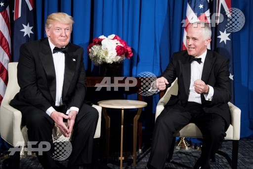 (FILES) A file photo taken on May 4, 2017, shows US President Donald Trump (L) listening to Australian Prime Minister Malcolm Turnbull (R) before a meeting on board the Intrepid Sea, Air and Space Museum in New York, New York. Brendan Smialowski/AFP