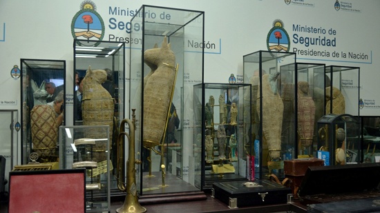 Several items and part of a cache of Nazi artifacts seized in the house of an art collector are displayed in Buenos Aires, in this undated handout released on June 20, 2017. Courtesy of the Argentine Ministry of Security/Handout via REUTERS