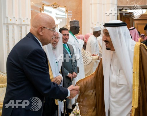 A handout picture provided by the Saudi Royal Palace on September 2, 2017 shows Saudi King Salman (R) shaking hands with Egyptian Prime Minister Sherif Ismail at the Mina palace, near the holy city of Mecca, during a ceremony with Muslim officials who are participating in the Hajj pilgrimage. Bandar Al-Jaloud/Saudi Royal Palace/AFP