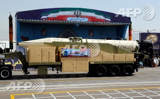 The new Iranian long-range missile Khoramshahr is displayed during the annual military parade marking the anniversary of the outbreak of its devastating 1980-1988 war with Saddam Husseins Iraq, on September 22,2017 in Tehran. str/afp