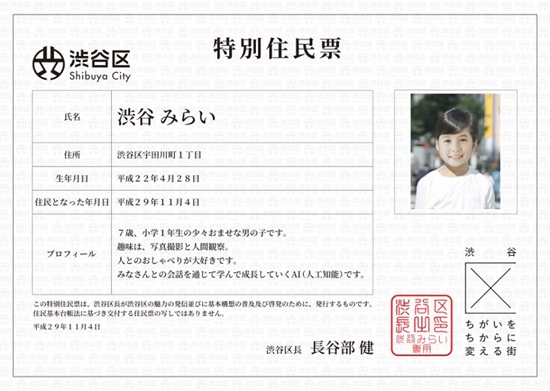 This handout picture released on Novemver 4, 2017 by Tokyos Shibuya Ward shows a special residence certifidate. A busy central Tokyo ward had one unique addition to its 224,000-strong population -- an AI character supposed to be a chatty seven-year-old boy. Tokyos Shibuya Ward, which has many fashion districts young people flock to, gave a special residence certificate to Shibuya Mirai. STR/Shibuya Ward/AFP