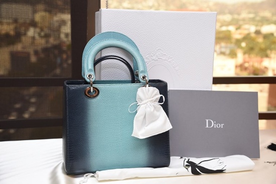 A Lady Dior Shiny Turquoise/Navy Ombre Graded Lizard Mid-Size Bag (1 of 19 made), estimated at US$12,500-$15,000, November 29, 2017 at a media preview for the worlds first live streaming runway auction of a $25 million collection of rare Chanel fashion as well as jewelry and accessories from Chanel and other designers, November 29, 2017 in Beverly Hills, California. Robyn Beck/AFP