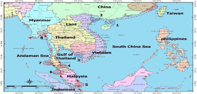 แผนที่เส้นทางการเดินเรือของคนจีนฮากกาจากประเทศจีนเข้าสู่ภาคใต้ของประเทศไทยในช่วงพุทธศตวรรษที่  22-23  (คริสศตวรรษที่  17-18  ช่วงสมัยราชวงศ์หมิงและราชวงส์ชิง)