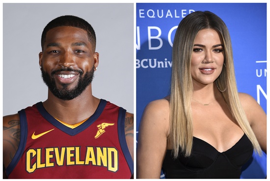 This combination photo shows television personality Khloe Kardashian at the NBCUniversal Network 2017 Upfront at Radio City Music Hall in New York on May 15, 2017, right, and Cleveland Cavaliers Tristan Thompson at the NBA basketball team media day in Independence, Ohio, on Sept. 25, 2017, left. Kardashian confirmed Wednesday, Dec. 20, on Instagram that she is expecting her first child with boyfriend Thompson. (Photo by Evan Agostini/Invision/AP, right, Ron Schwane, left, File)
