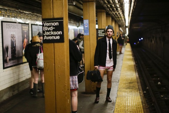 NEW YORK, NY: People in underwear take part in the No Pants Subway Ride braving freezing temperatures on January 7, 2018 in New York City. Eduardo Munoz Alvarez/Getty Images/AFP 
