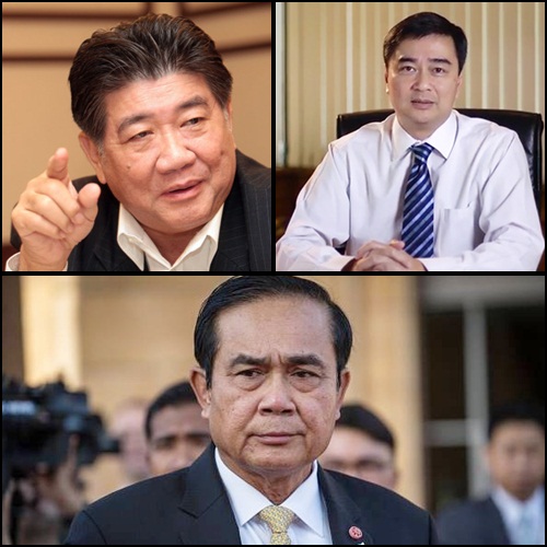(บนซ้าย) นายภูมิธรรม เวชยชัย รักษาการรองเลขาธิการพรรคเพื่อไทย (บนขวา) นายอภิสิทธิ์ เวชชาชีวะ หัวหน้าพรรคประชาธิปัตย์ (ล่าง) พล.อ.ประยุทธ์ จันทร์โอชา นายกรัฐมนตรีและหัวหน้า คสช.