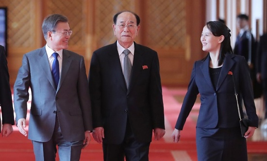 South Koreas President Moon Jae-in (L) walks with North Korean leader Kim Jong Uns sister Kim Yo Jong (R) and North Koreas ceremonial head of state Kim Yong Nam (C) as they move for a luncheon at the presidential Blue House in Seoul on February 10, 2018. North Korean leader Kim Jong Un invited the Souths President Moon Jae-in for a summit in Pyongyang on February 10, Seoul said, even as the US warned against falling for Pyongyangs Olympic charm offensive. Yonhap/AFP