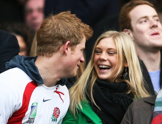 (FILES) In this file photo taken on November 22, 2008 Britains Prince Harry and Chelsy Davy laugh before the game between South Africa and England at the Investec Challenge international rugby match at Twickenham, west of London. Before he fell for American actress Meghan Markle, Britains Prince Harry, 33, had several other girlfriends. Chris Ratcliffe/AFP