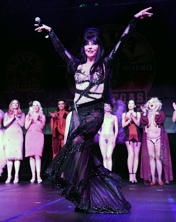 LAS VEGAS, NV: Cassandra Elvira, Mistress of the Dark Peterson takes a curtain call as she hosts the Viva Las Vegas Rockabilly Weekends Burlesque Showcase at the Orleans Arena on April 20, 2018 in Las Vegas, Nevada. Ethan Miller/Getty Images/AFP 